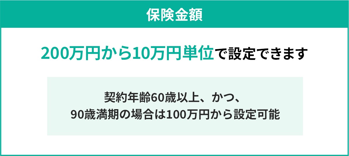 保険金額 200万円から10万円単位で設定できます 約年齢60歳以上、かつ、90歳満期の場合は100万円から設定可能